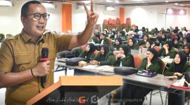 Wakil Bupati Boalemo, Lahmuddin Hambali, saat memberikan sambutan dihadapan mahasiswa S1 Kebidanan dan Profesi asal Boalemo yang tengah studi di Malang. Foto/Humas Pemkab
